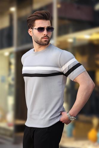 Madmext Gri Bisiklet Yaka Çizgili Erkek T-shirt E7412