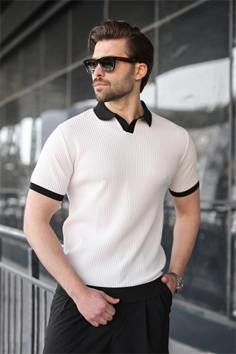 Beyaz Polo Yaka Triko Erkek Tişört E7464