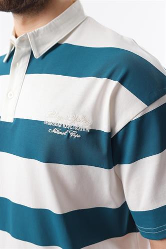 Petrol Mavisi Oversize Renk Bloklu Polo Yaka Tişört E7120