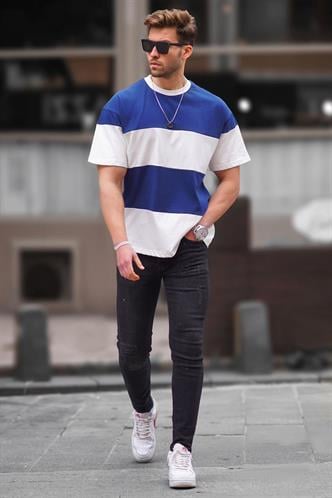 Lacivert Oversize Renk Bloklu Bisiklet Yaka Tişört 7020