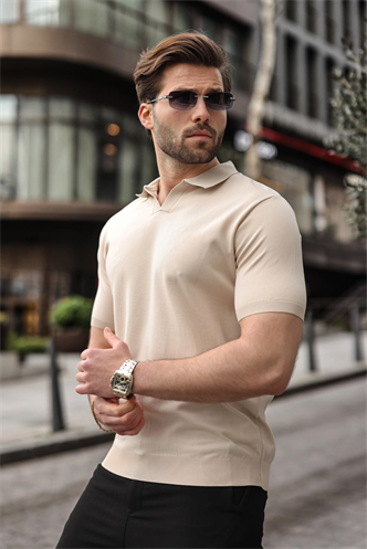 Taş Rengi Polo Yaka Triko Kısa Kollu Erkek Tişört E7463