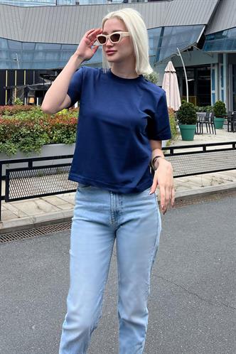 Lacivert Bisiklet Yaka Basic Kadın Tişört MG2075