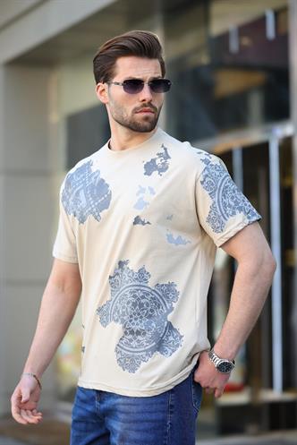 Bej %100 Pamuklu Desenli Erkek Tişört E7142