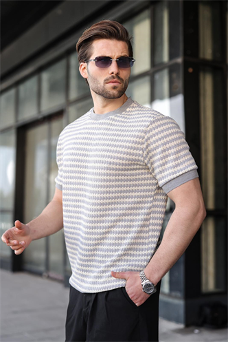 Boyalı Gri Jakarlı Bisiklet Yaka Erkek Tişört E7181