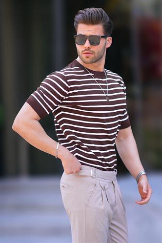 Kahverengi Bisiklet Yaka Çizgili Kısa Kollu Erkek Tişört 6884