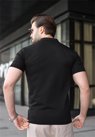 Siyah Slim Fit Polo Yaka Triko Erkek Tişört E7472