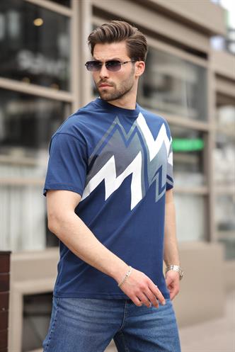 Lacivert Baskılı %100 Pamuk Erkek T-shirt E7111