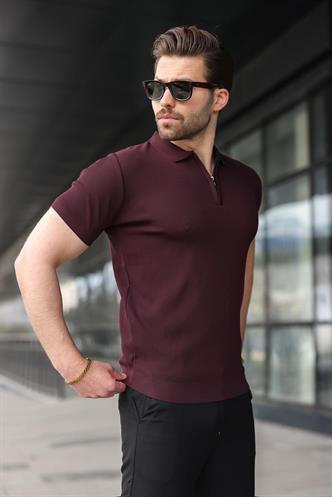 Mürdüm Yarım Fermuarlı Polo Yaka Triko Erkek Tişört E7459