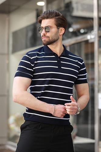 Lacivert Çizgili Polo Yaka Erkek T-shirt E7405