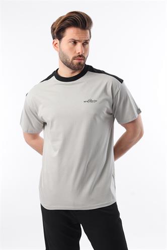 Madmext Boyalı Gri Bisiklet Yaka Baskılı Erkek Tişört E7114