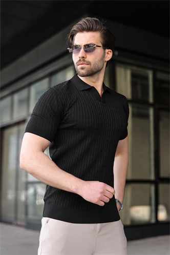 Siyah Slim Fit Polo Yaka Triko Erkek Tişört E7472