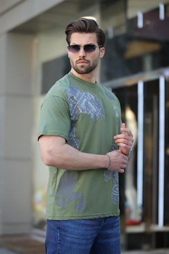 Haki %100 Pamuklu Desenli Erkek Tişört E7142