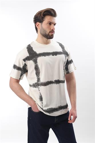 Ekru Bisiklet Yaka Baskılı Basic Erkek T-shirt E7109