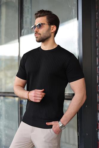 Siyah Bisiklet Yaka Triko Erkek Tişört E7460