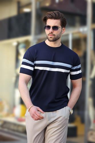 Madmext Lacivert Bisiklet Yaka Çizgili Erkek T-shirt E7412