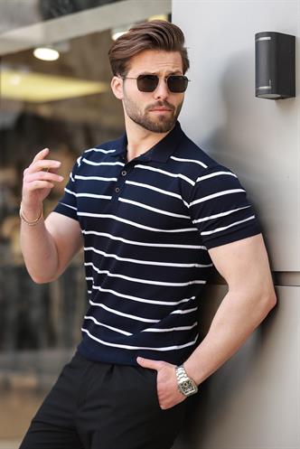 Lacivert Çizgili Polo Yaka Erkek T-shirt E7405