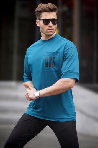 Petrol Mavisi Cep Detaylı Oversize Tişört 7008