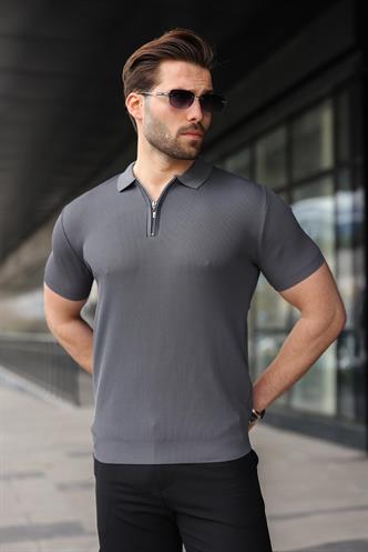 Antrasit Yarım Fermuarlı Polo Yaka Triko Erkek Tişört E7459