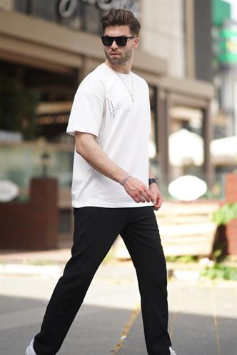 Ekru Bisiklet Yaka Baskılı Kısa Kollu Overfit Tişört 7036