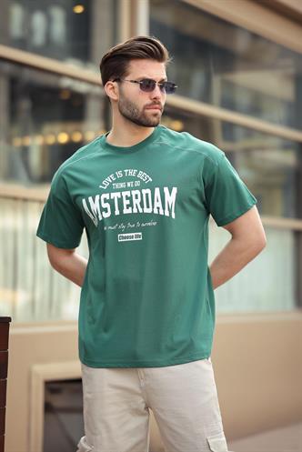Madmext Koyu Yeşil Baskılı Erkek Tişört E7124
