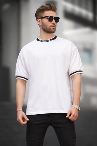 Beyaz Bisiklet Yaka ŞeritliTişört 7022
