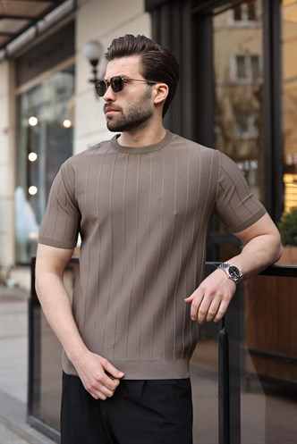 Madmext Erkek Açık Kahverengi Triko Tişört 5684