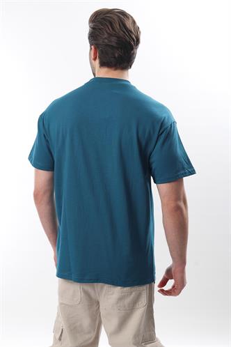 Petrol Mavisi Bisiklet Yaka Baskılı Erkek T-shirt E7110