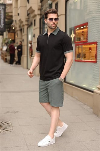 Siyah %100 Pamuklu Polo Yaka Şort Tişört Takım E7358