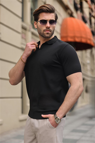 Siyah Polo Yaka Triko Kısa Kollu Erkek Tişört E7463