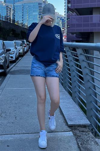 Lacivert Oversize Sırt Baskılı Bisiklet Yaka Kısa Kollu Tişört MG2127