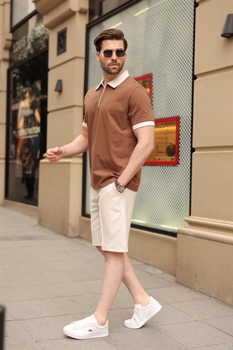 Kahverengi %100 Pamuklu Polo Yaka Şort Tişört Takım E7358