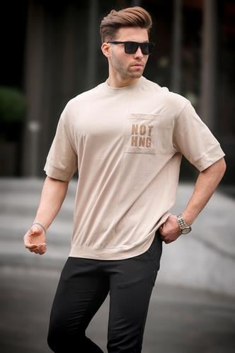 Bej Cep Detaylı Oversize Tişört 7008