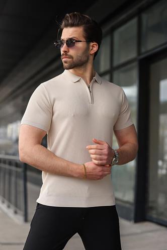 Taş Rengi Yarım Fermuarlı Polo Yaka Triko Erkek Tişört E7459