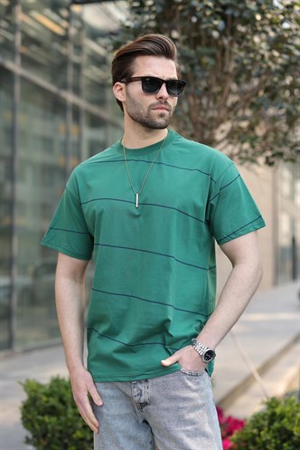 Koyu Yeşil Bisiklet Yaka Basic Çizgili Erkek T-shirt E7102