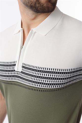 Beyaz Fermuarlı Polo Yaka Desenli Erkek T-shirt E7296