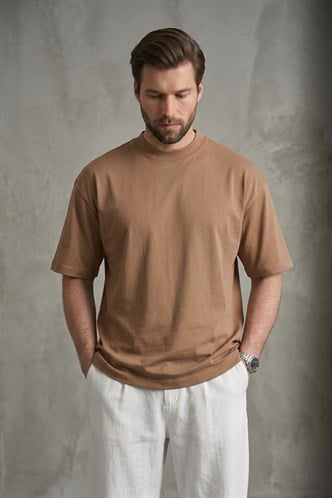 Erkek Vizon Oversize Fit Basic Tişört 6066