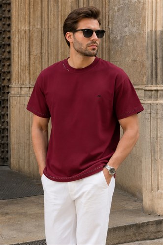 Bordo Nakış Detaylı Erkek T-shirt E7112