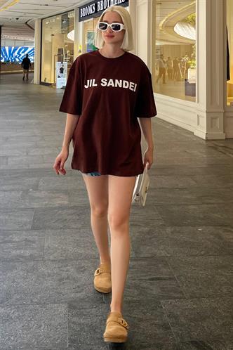 Acı Kahve Oversize Baskılı Bisiklet Yaka Kısa Kollu Tişört MG2126