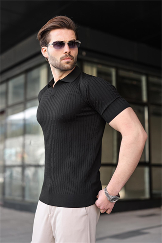 Siyah Slim Fit Polo Yaka Triko Erkek Tişört E7472