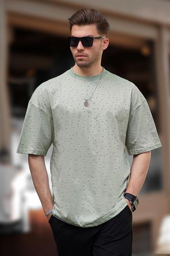 Çağla Yeşili Oversize Yırtık Deyatlı Pamuklu Tişört 7032