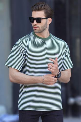 Haki Bisiklet Yaka Çizgili Kısa Kollu Arma Detaylı Erkek T-shirt 7031