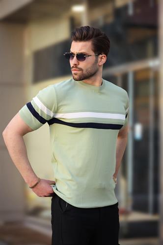 Madmext Çağla Yeşili Bisiklet Yaka Çizgili Erkek T-shirt E7412