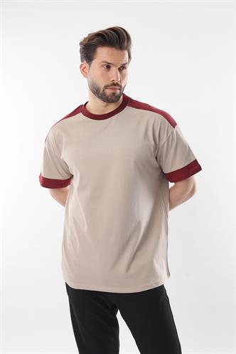 Bej Omzu Şerit Detaylı Erkek T-shirt E7125
