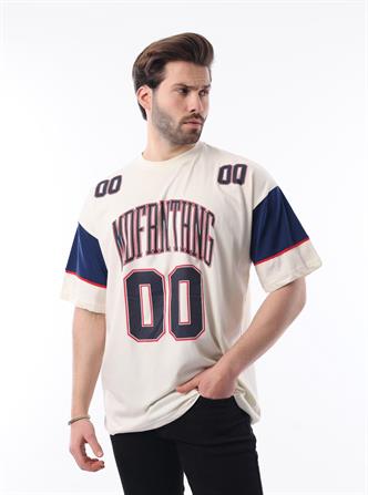 Ekru Baskılı Pamuklu Oversize Erkek T-shirt 7035