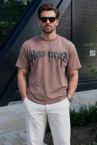 Kahverengi Baskılı %100 Pamuk Erkek T-shirt E7141
