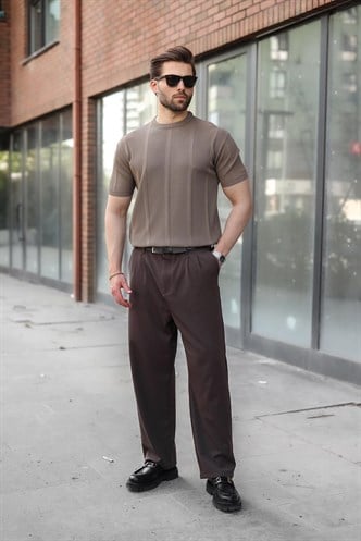 Açık Kahverengi Regular Fit Bisiklet Yaka Fitilli Triko Erkek Tişört E7490