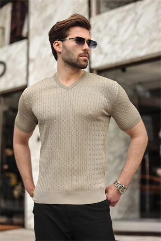 Vizon V Yaka Kısa Kollu Triko Erkek Tişört E7467