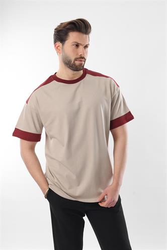 Bej Omzu Şerit Detaylı Erkek T-shirt E7125