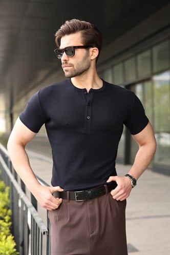 Lacivert Yarım Düğmeli Slim Fit Erkek Tişört E7186