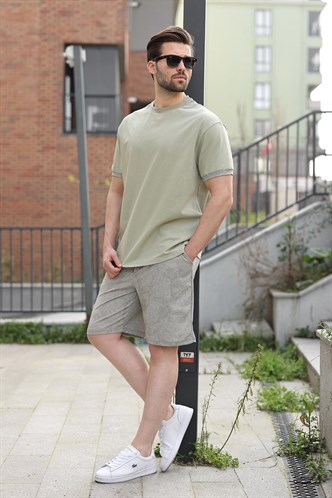 Mint Yeşili %100 Pamuklu Bisiklet Yaka Şort Tişört Takım E7359